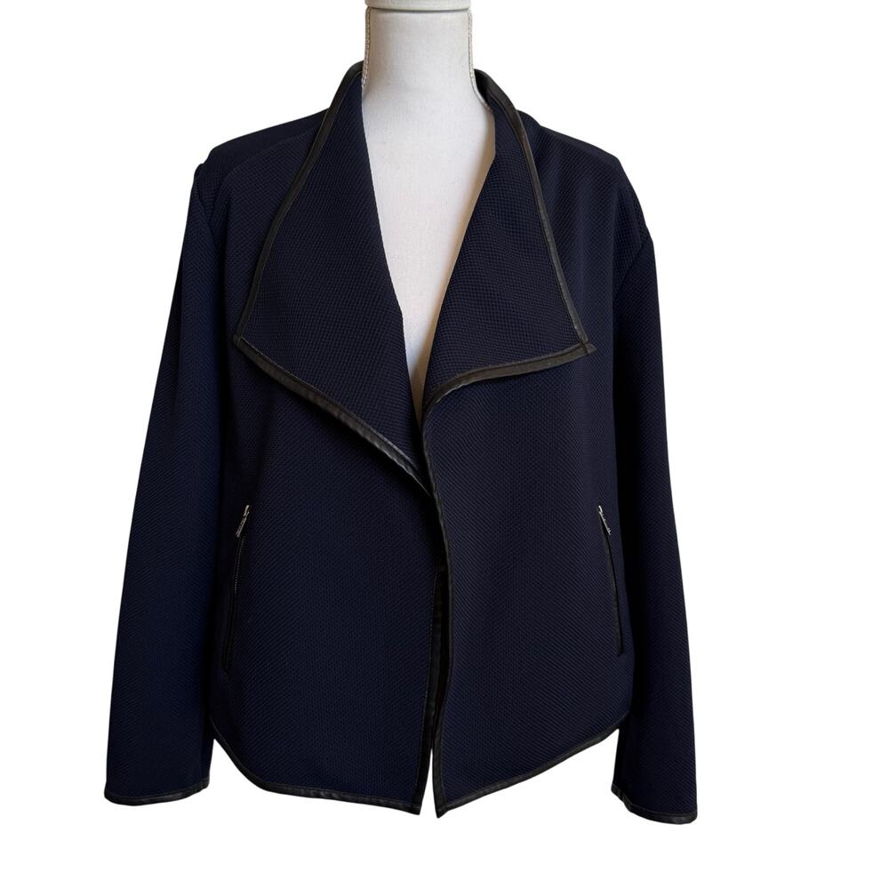 Calvin Klein Sweater Moto Jacket Size XL Blue Knit Black Trim Textured Pockets